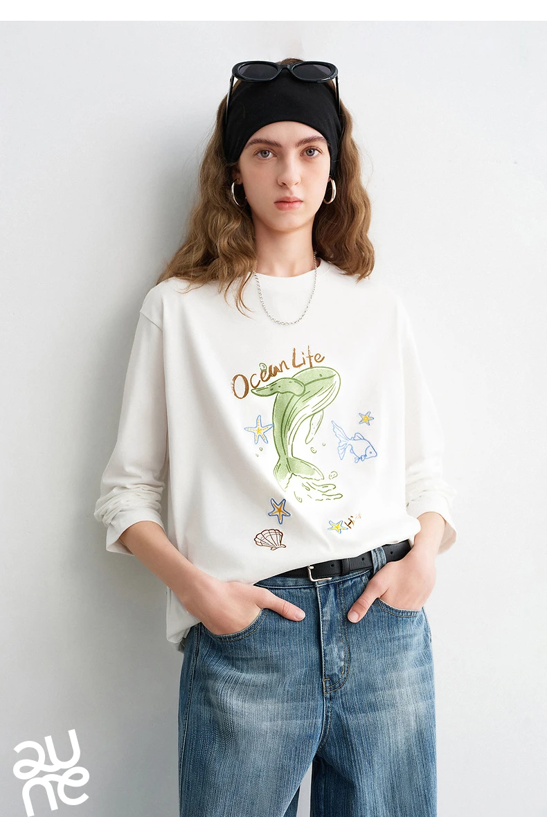 TOYOUTH Women Cotton T - Shirts 2026 Spring New Fun Youthful Loose Crew Neck Long - Sleeve Dolphin Printed Tops