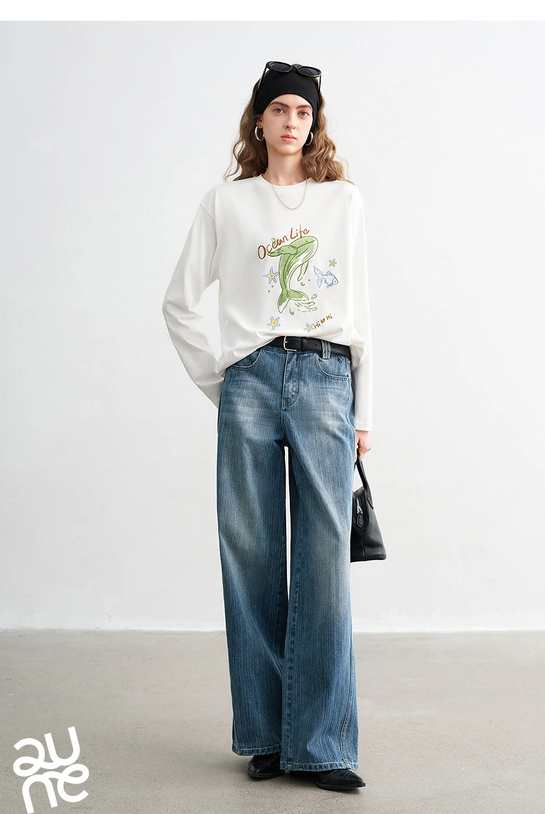 TOYOUTH Women Cotton T - Shirts 2026 Spring New Fun Youthful Loose Crew Neck Long - Sleeve Dolphin Printed Tops