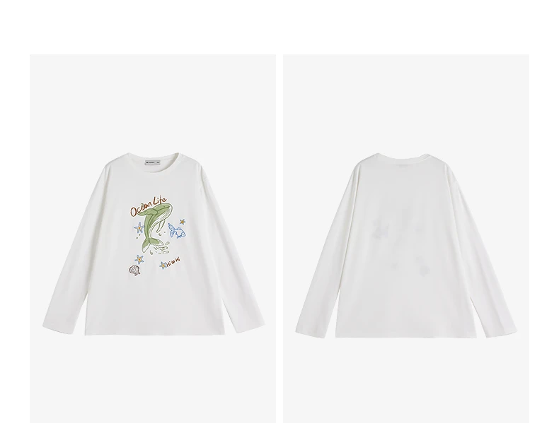 TOYOUTH Women Cotton T - Shirts 2026 Spring New Fun Youthful Loose Crew Neck Long - Sleeve Dolphin Printed Tops