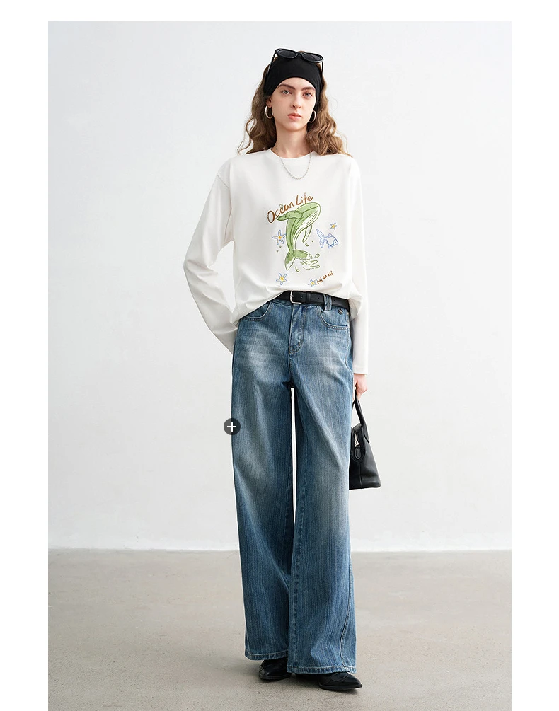 TOYOUTH Women Cotton T - Shirts 2026 Spring New Fun Youthful Loose Crew Neck Long - Sleeve Dolphin Printed Tops