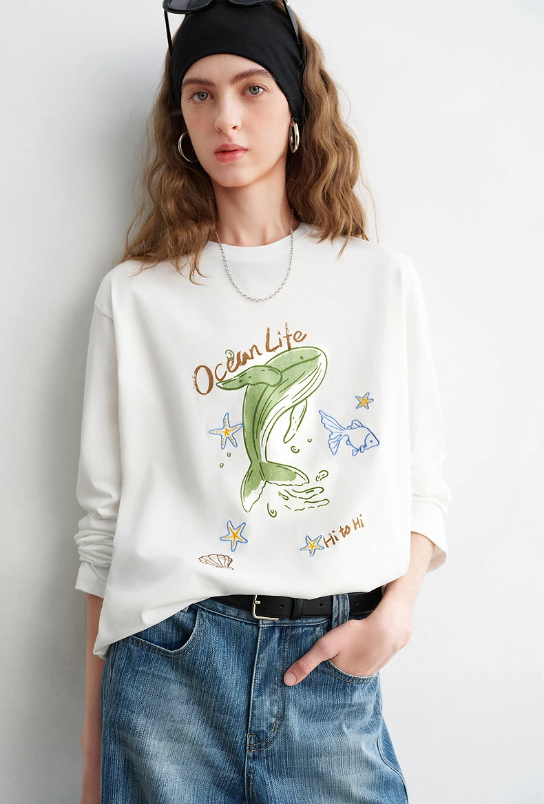 TOYOUTH Women Cotton T - Shirts 2026 Spring New Fun Youthful Loose Crew Neck Long - Sleeve Dolphin Printed Tops