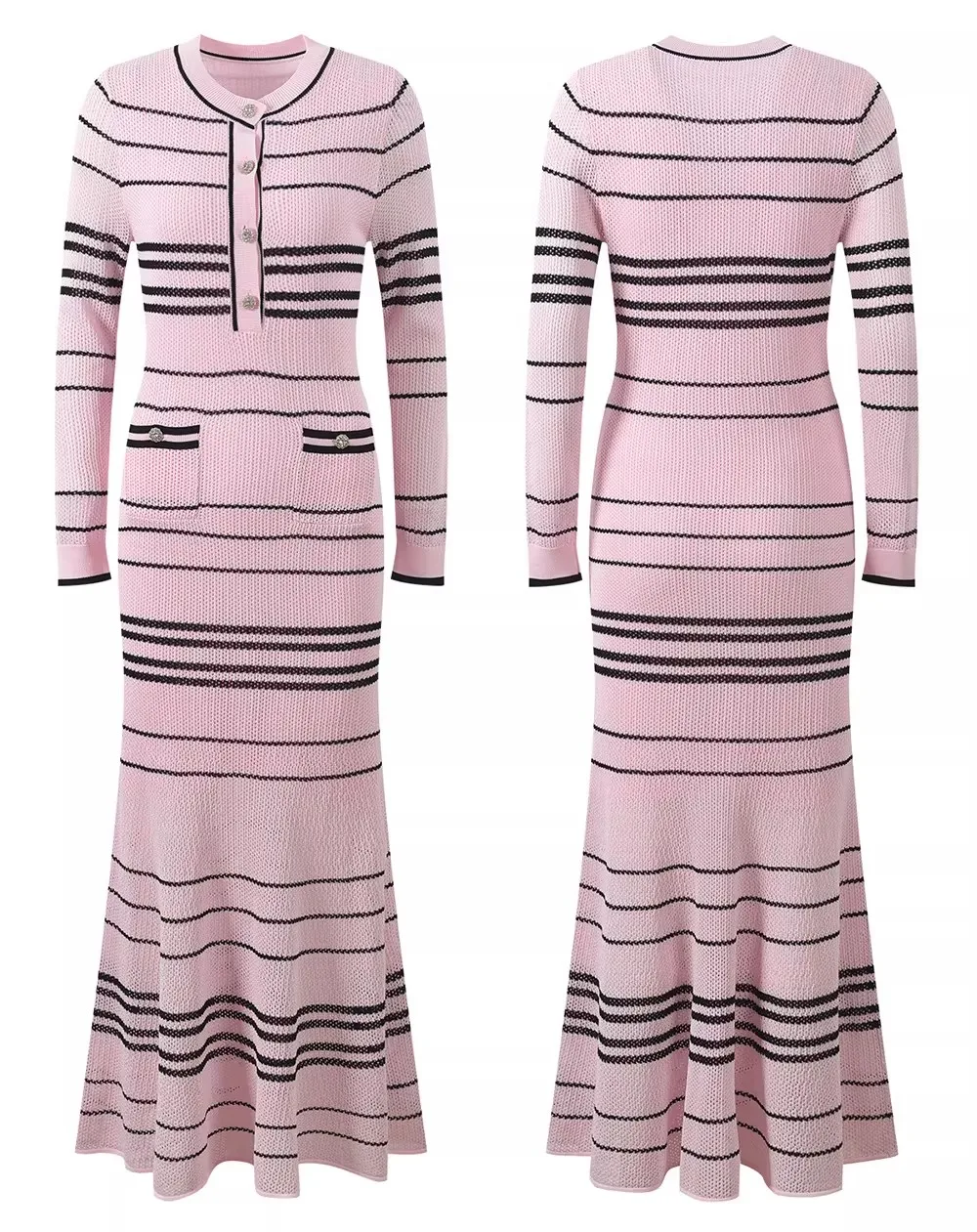 2026 Spring New Women's SweetLong-Sleeved Striped Knit Dress High-Quality FashionableCasual Vacation Elastic Slim Fit Long Dress