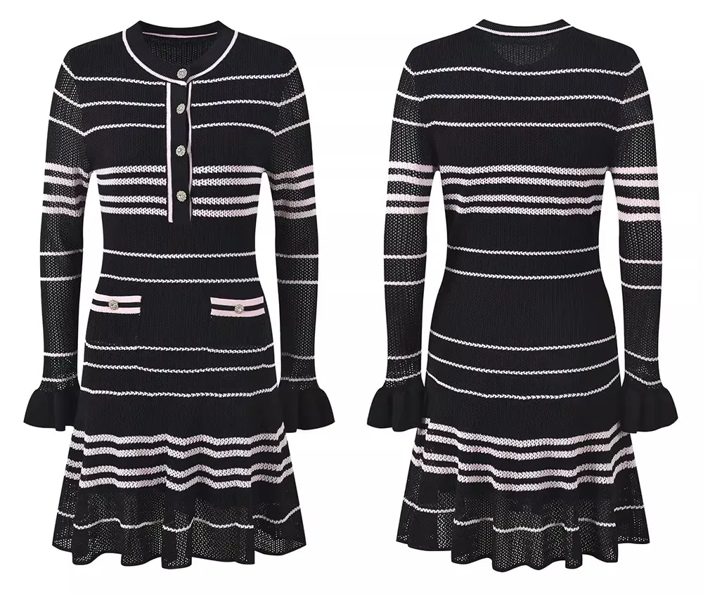 2026 Spring New Women's SweetLong-Sleeved Striped Knit Dress High-Quality FashionableCasual Vacation Elastic Slim Fit Long Dress