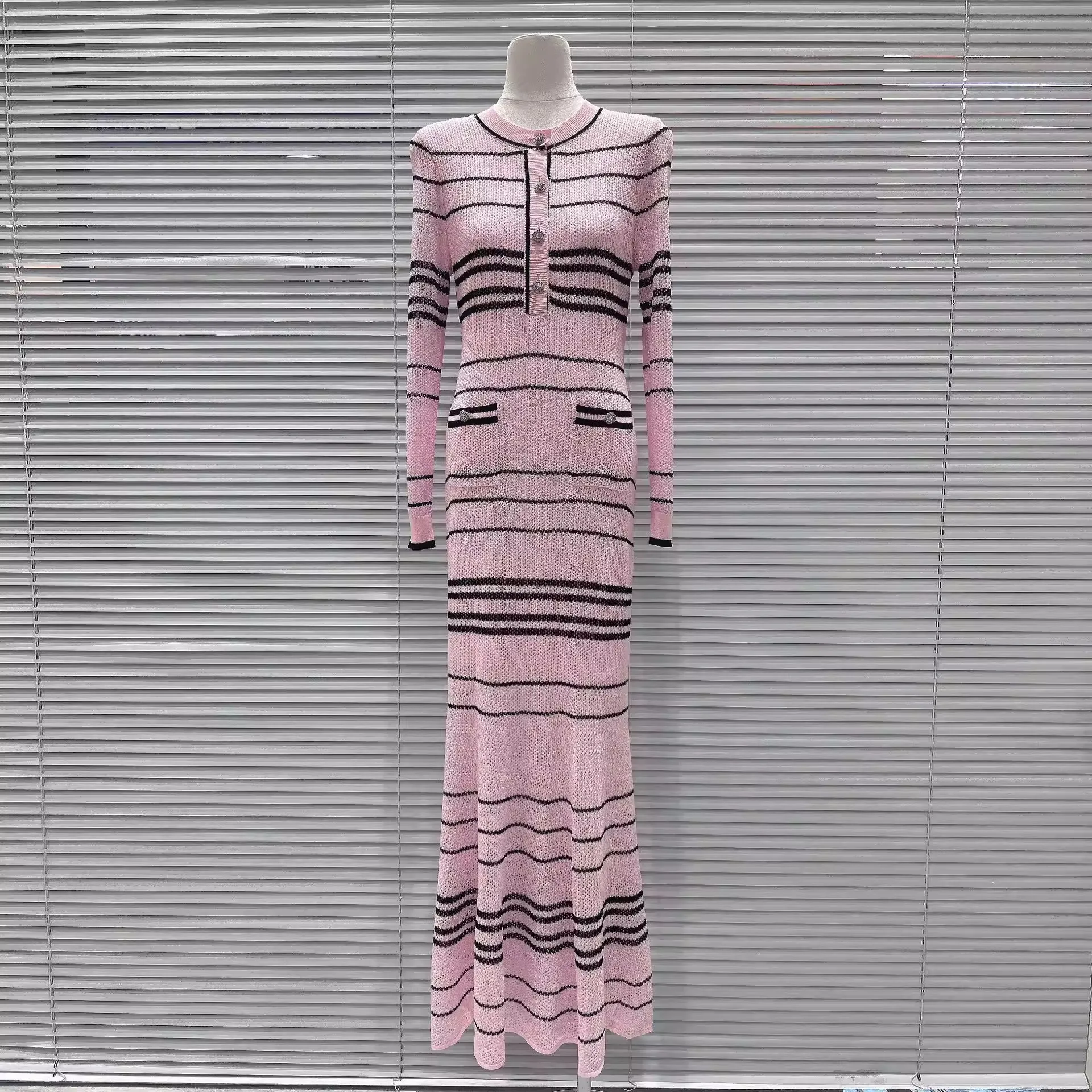 2026 Spring New Women's SweetLong-Sleeved Striped Knit Dress High-Quality FashionableCasual Vacation Elastic Slim Fit Long Dress