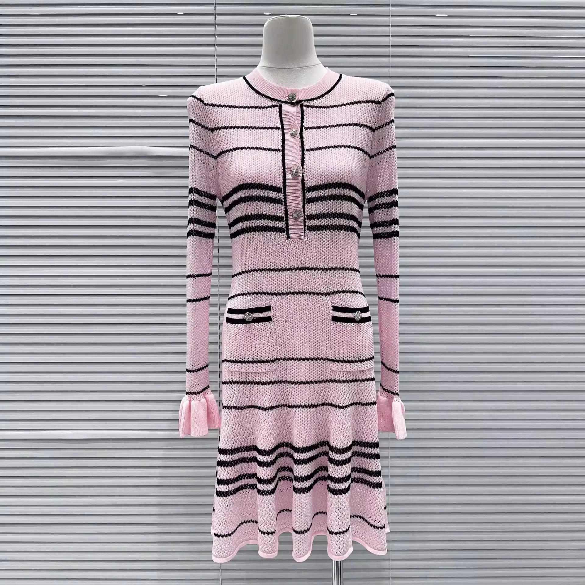 2026 Spring New Women's SweetLong-Sleeved Striped Knit Dress High-Quality FashionableCasual Vacation Elastic Slim Fit Long Dress