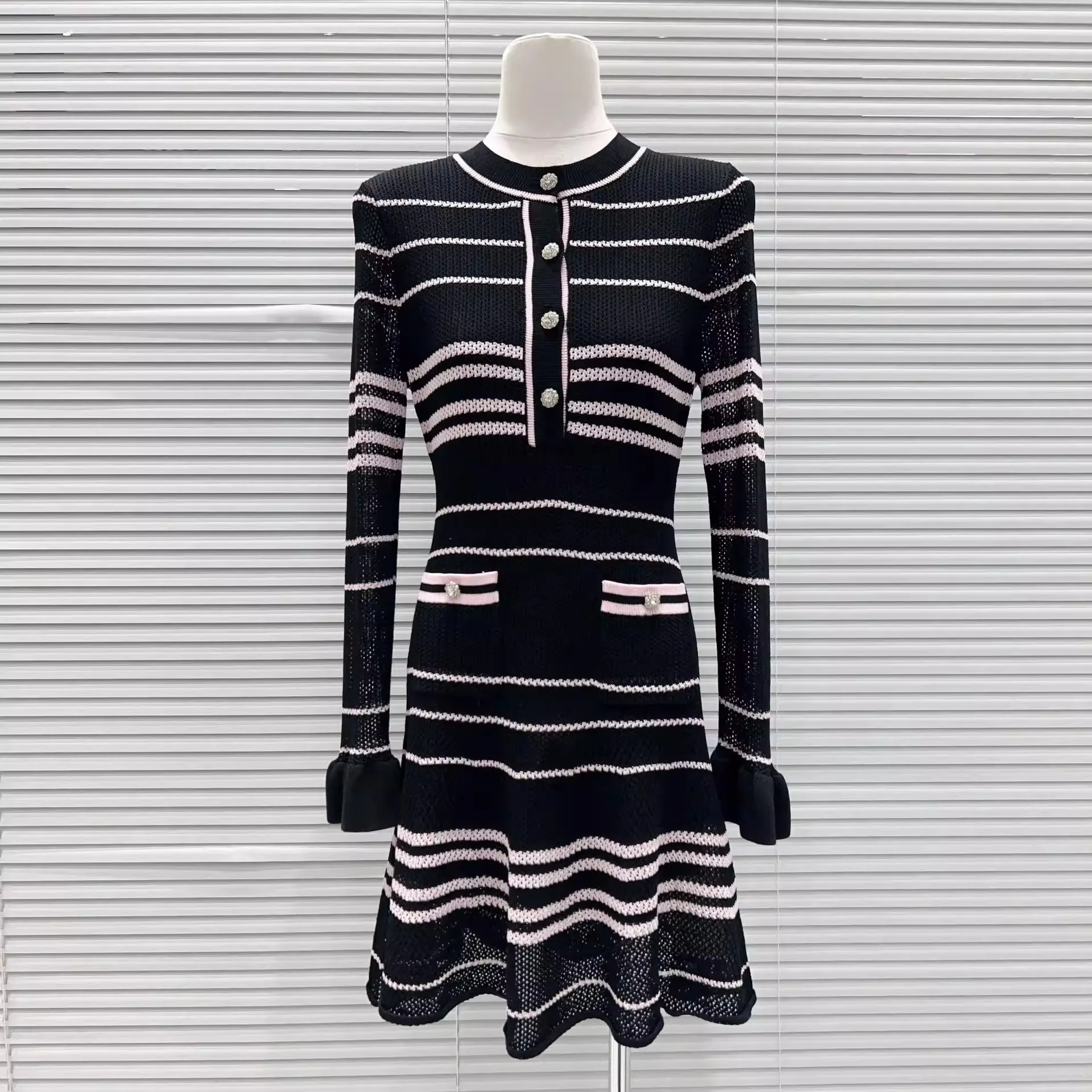 2026 Spring New Women's SweetLong-Sleeved Striped Knit Dress High-Quality FashionableCasual Vacation Elastic Slim Fit Long Dress