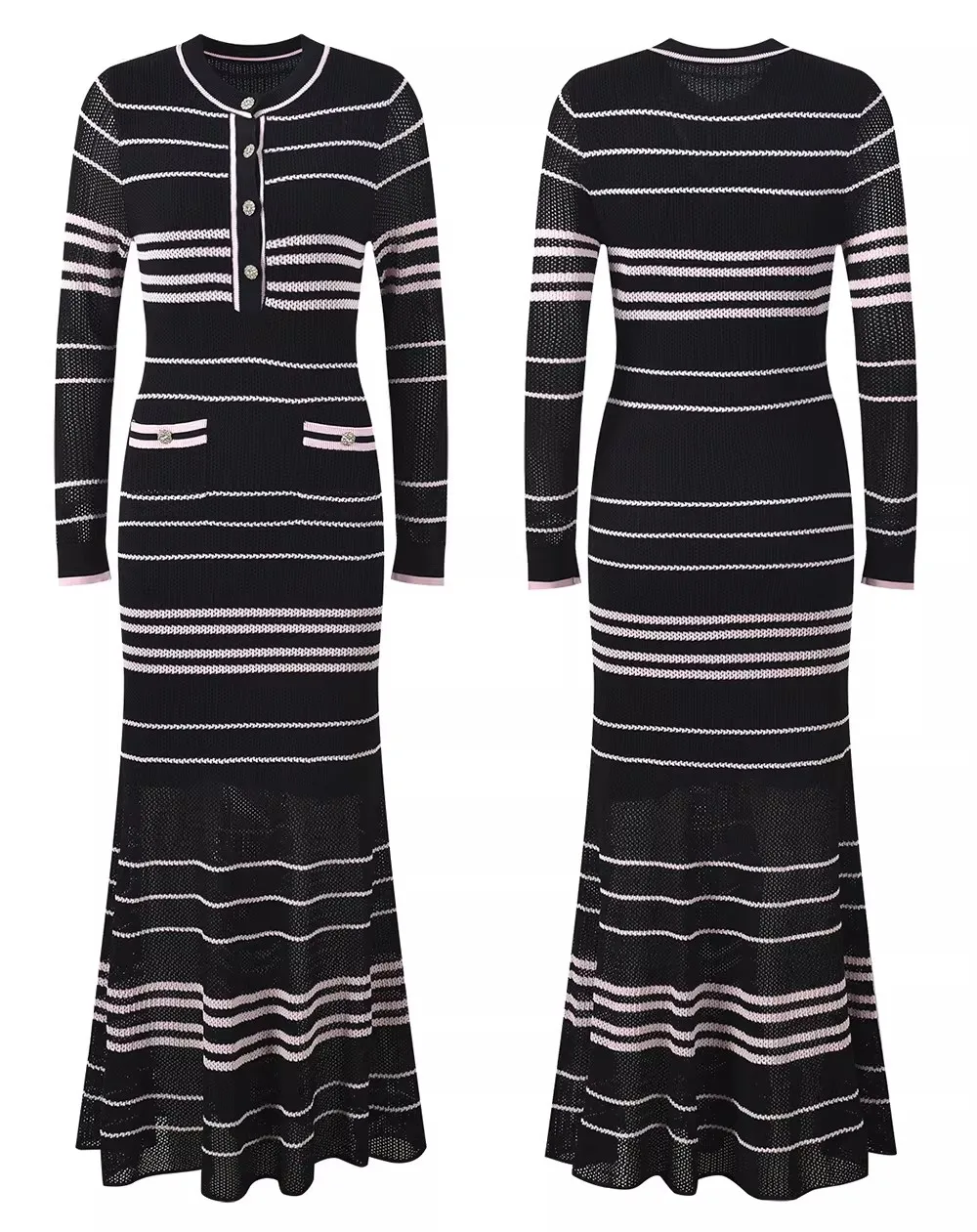 2026 Spring New Women's SweetLong-Sleeved Striped Knit Dress High-Quality FashionableCasual Vacation Elastic Slim Fit Long Dress