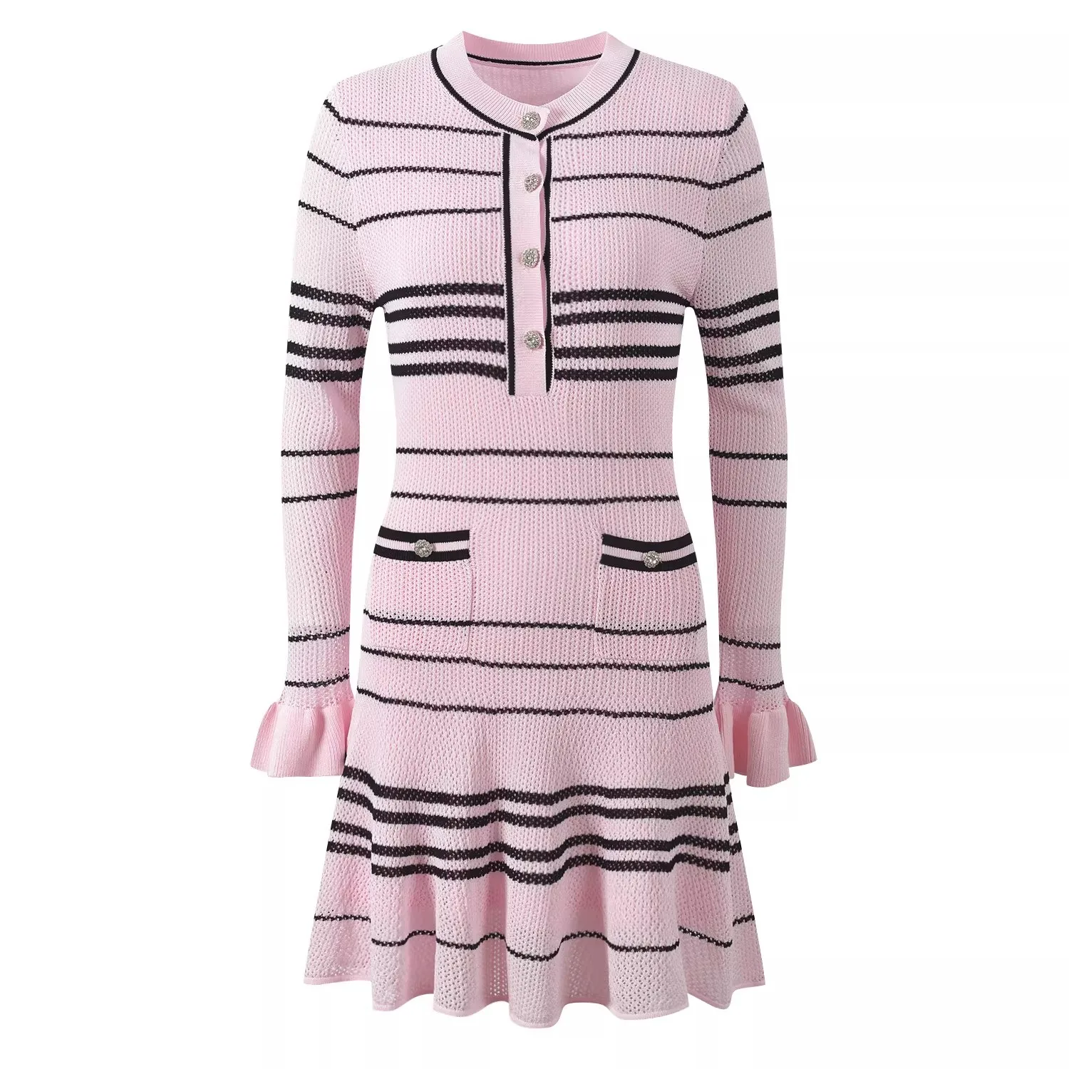 2026 Spring New Women's SweetLong-Sleeved Striped Knit Dress High-Quality FashionableCasual Vacation Elastic Slim Fit Long Dress