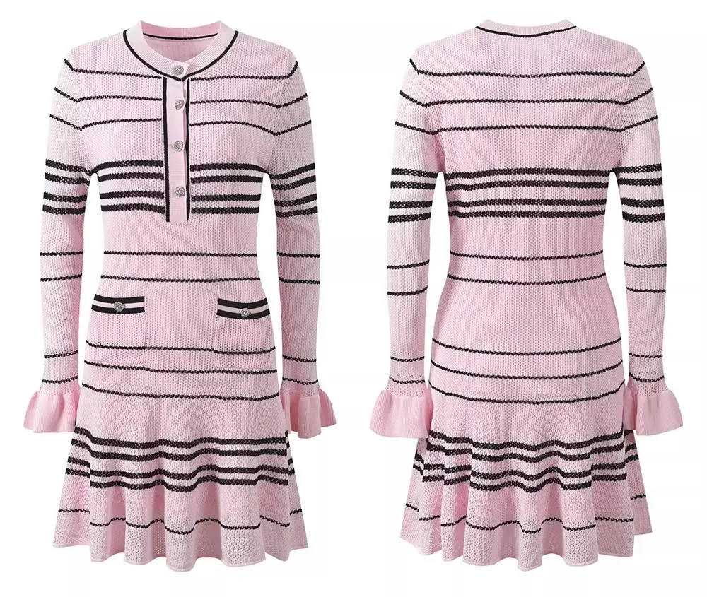 2026 Spring New Women's SweetLong-Sleeved Striped Knit Dress High-Quality FashionableCasual Vacation Elastic Slim Fit Long Dress