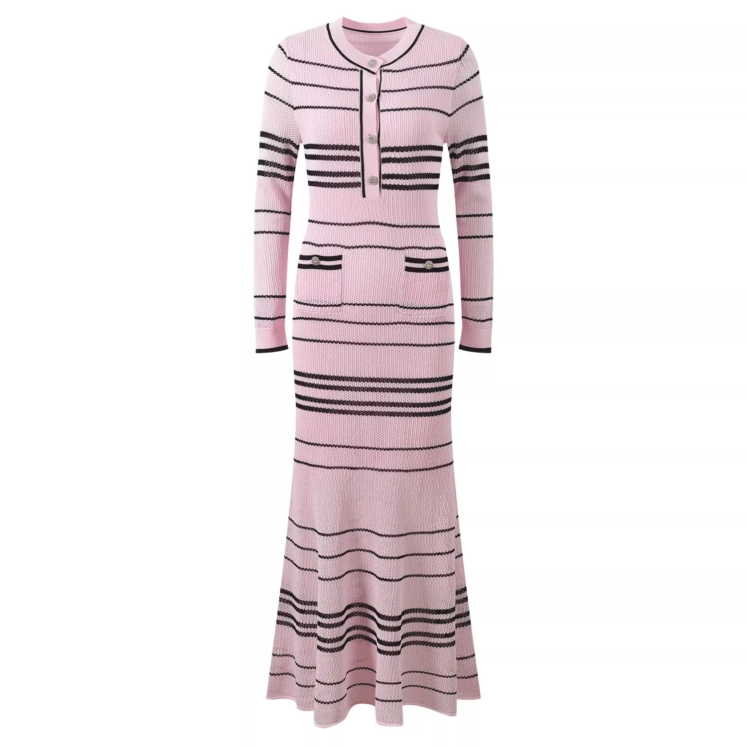 2026 Spring New Women's SweetLong-Sleeved Striped Knit Dress High-Quality FashionableCasual Vacation Elastic Slim Fit Long Dress