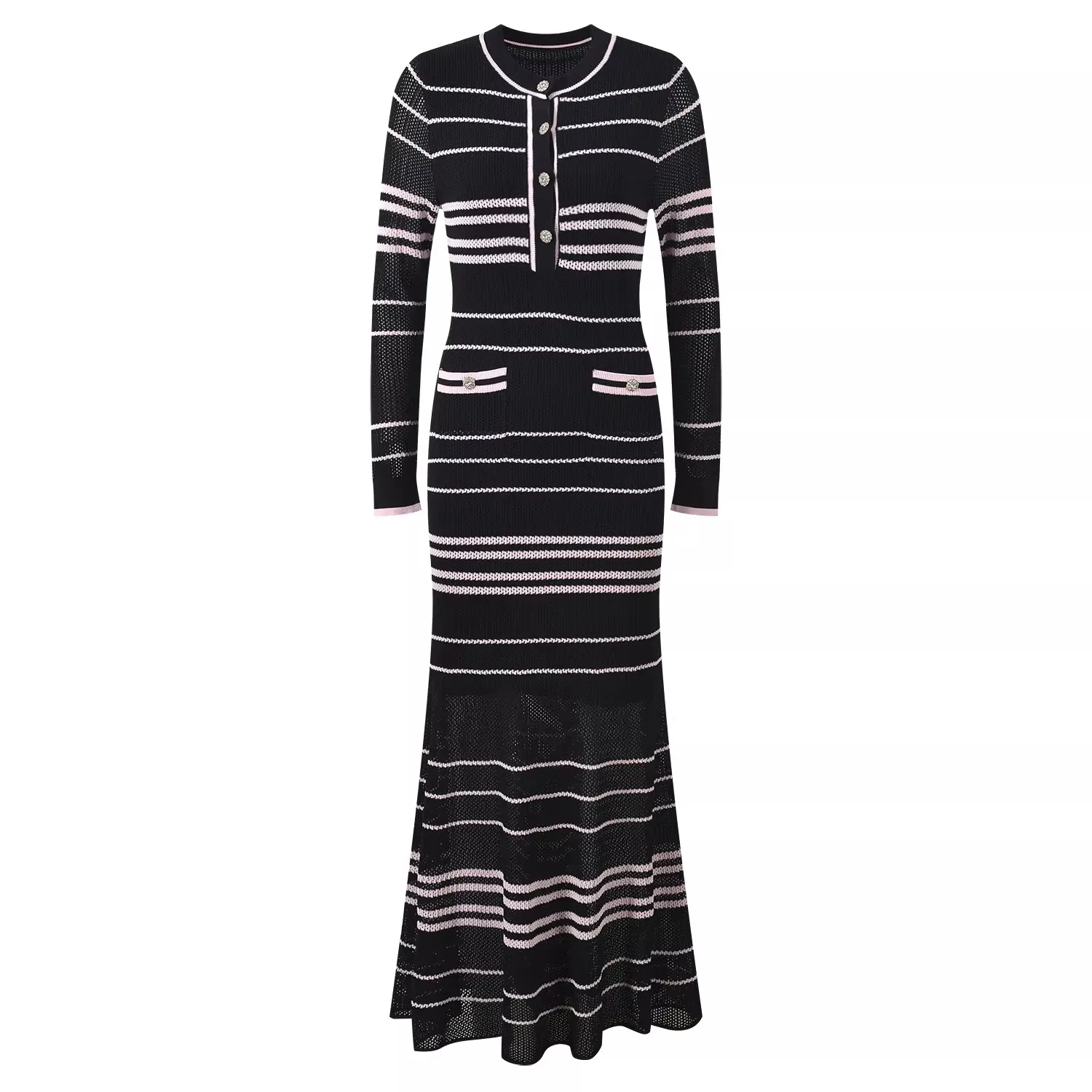 2026 Spring New Women's SweetLong-Sleeved Striped Knit Dress High-Quality FashionableCasual Vacation Elastic Slim Fit Long Dress