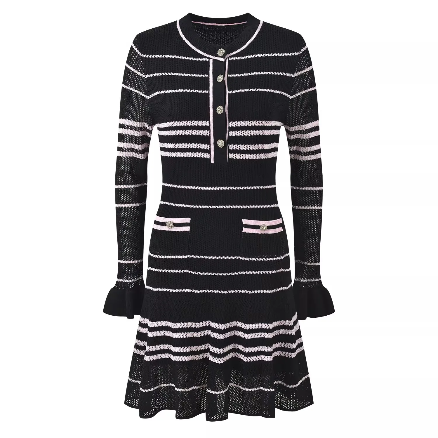 2026 Spring New Women's SweetLong-Sleeved Striped Knit Dress High-Quality FashionableCasual Vacation Elastic Slim Fit Long Dress