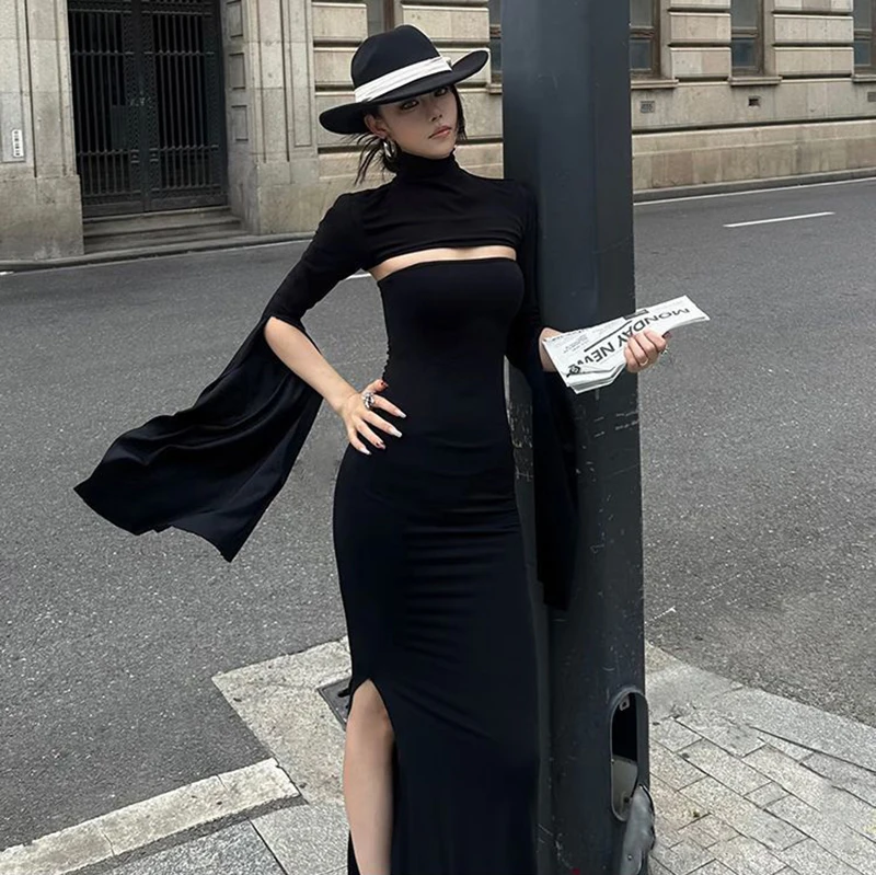 MEXZT Elegant Black Long Dress Women Party Prom Sexy Hollow Out Slit Maxi Dresses Turtleneck Robe Long Sleeve Bodycon Vestidos