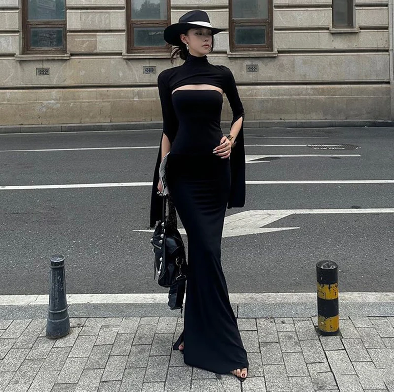 MEXZT Elegant Black Long Dress Women Party Prom Sexy Hollow Out Slit Maxi Dresses Turtleneck Robe Long Sleeve Bodycon Vestidos
