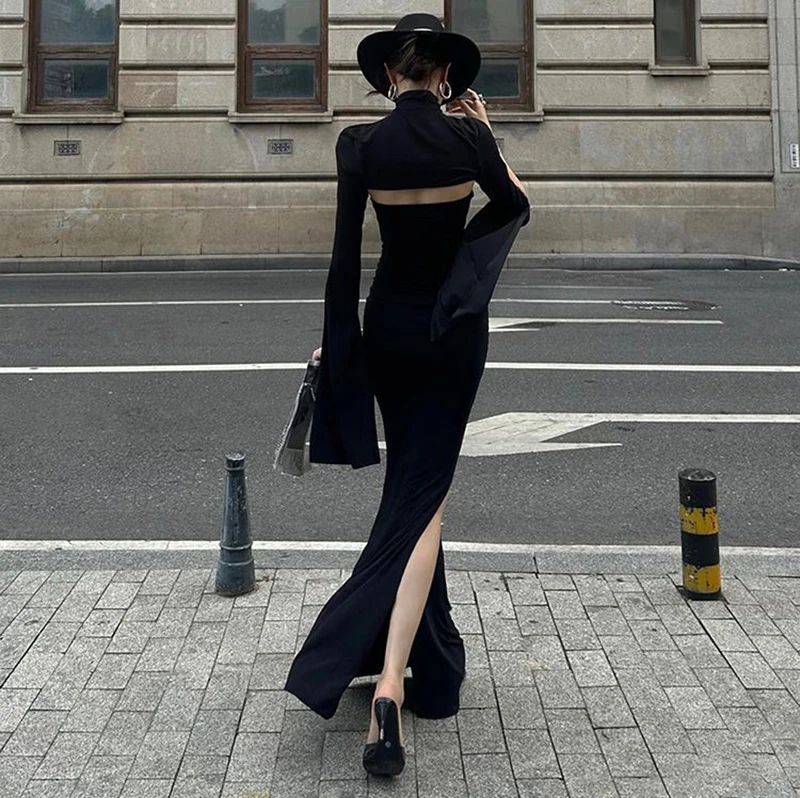 MEXZT Elegant Black Long Dress Women Party Prom Sexy Hollow Out Slit Maxi Dresses Turtleneck Robe Long Sleeve Bodycon Vestidos