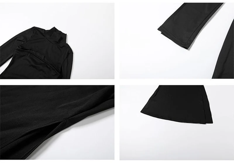MEXZT Elegant Black Long Dress Women Party Prom Sexy Hollow Out Slit Maxi Dresses Turtleneck Robe Long Sleeve Bodycon Vestidos
