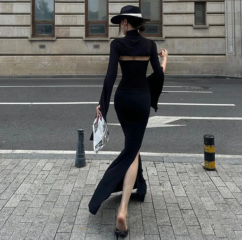 MEXZT Elegant Black Long Dress Women Party Prom Sexy Hollow Out Slit Maxi Dresses Turtleneck Robe Long Sleeve Bodycon Vestidos