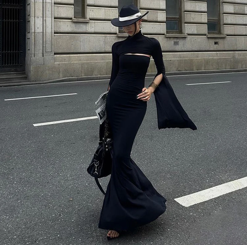 MEXZT Elegant Black Long Dress Women Party Prom Sexy Hollow Out Slit Maxi Dresses Turtleneck Robe Long Sleeve Bodycon Vestidos