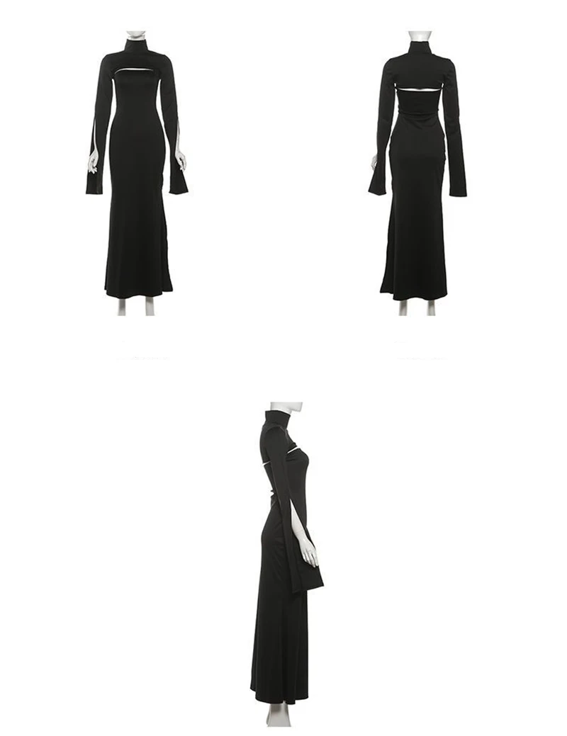 MEXZT Elegant Black Long Dress Women Party Prom Sexy Hollow Out Slit Maxi Dresses Turtleneck Robe Long Sleeve Bodycon Vestidos