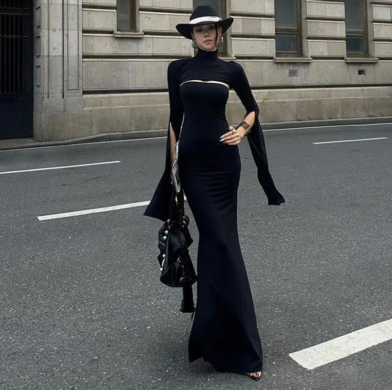 MEXZT Elegant Black Long Dress Women Party Prom Sexy Hollow Out Slit Maxi Dresses Turtleneck Robe Long Sleeve Bodycon Vestidos
