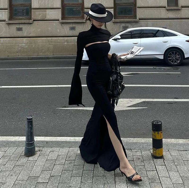 MEXZT Elegant Black Long Dress Women Party Prom Sexy Hollow Out Slit Maxi Dresses Turtleneck Robe Long Sleeve Bodycon Vestidos