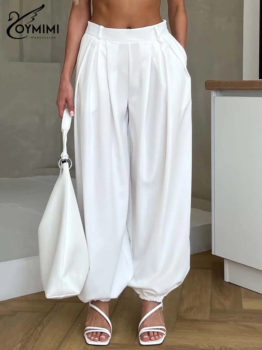 Oymimi Women's White Premium Flowy High-Waist Wide-Leg Lantern Pants 2026 Spring Pleated Elastic Cuff Effortless Casual Outfit