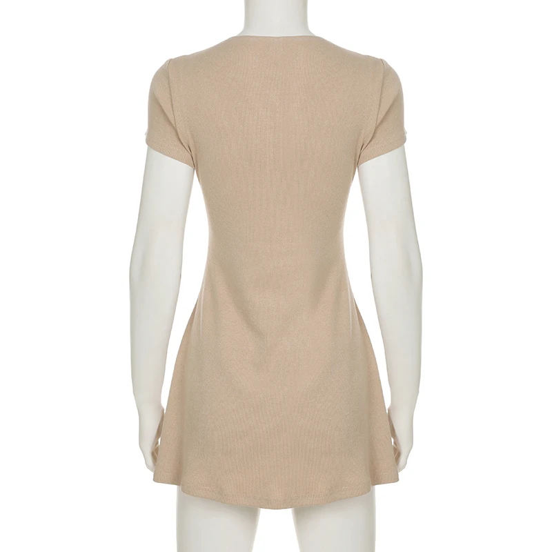 Casual Sold A-Line Dress Elegant Slim Fitting Button V-Neck Short Sleeve Mini Dresses For Women 2025 Fashion Streetwear Ladies