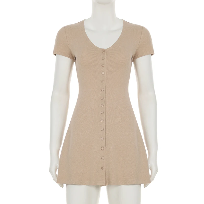 Casual Sold A-Line Dress Elegant Slim Fitting Button V-Neck Short Sleeve Mini Dresses For Women 2025 Fashion Streetwear Ladies