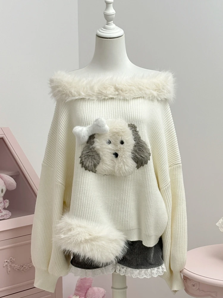 Qiukichonson Thick Fluffy Knit Sweater Top Womens Lantern Sleeve Autumn Winter Slash Neck Japanese Style Cartoon Pullover femme