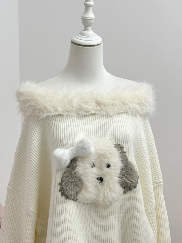 Qiukichonson Thick Fluffy Knit Sweater Top Womens Lantern Sleeve Autumn Winter Slash Neck Japanese Style Cartoon Pullover femme