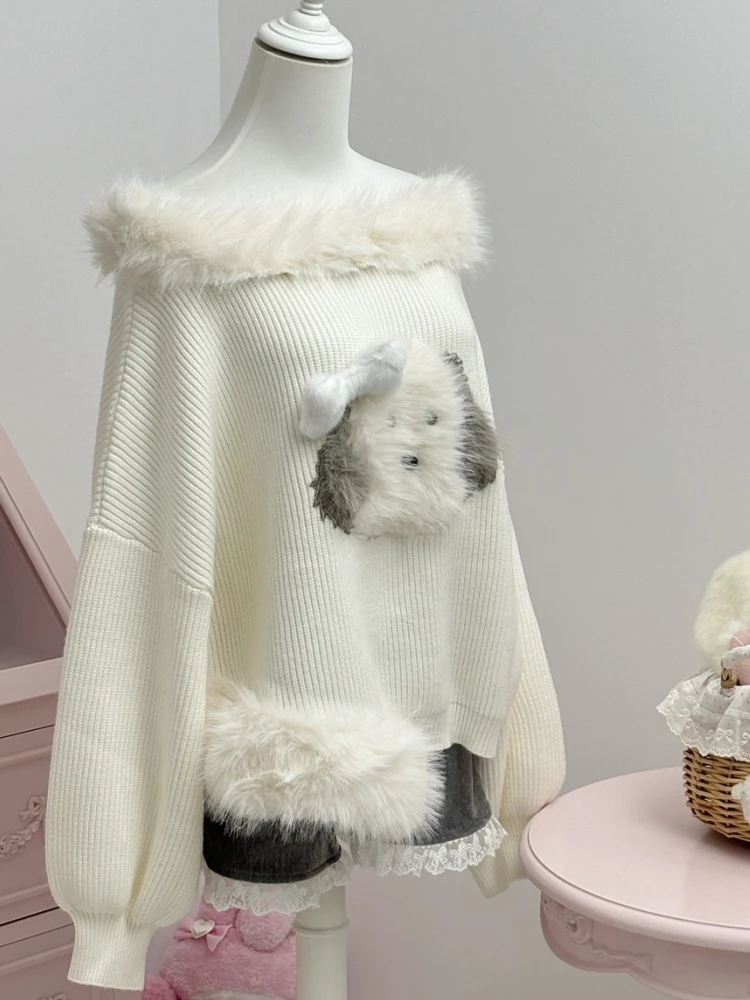 Qiukichonson Thick Fluffy Knit Sweater Top Womens Lantern Sleeve Autumn Winter Slash Neck Japanese Style Cartoon Pullover femme