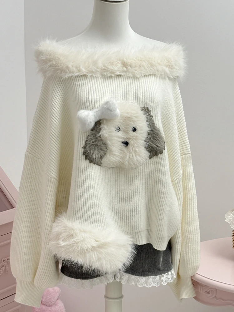Qiukichonson Thick Fluffy Knit Sweater Top Womens Lantern Sleeve Autumn Winter Slash Neck Japanese Style Cartoon Pullover femme