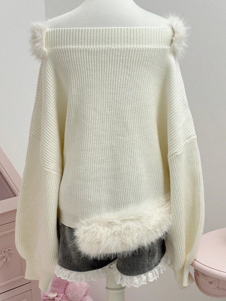 Qiukichonson Thick Fluffy Knit Sweater Top Womens Lantern Sleeve Autumn Winter Slash Neck Japanese Style Cartoon Pullover femme