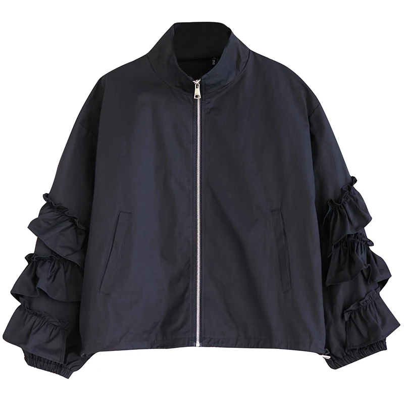 Black Solid Color Ruched Oversize Jacket Women's Casual Loose All Match Fashion Stand Collar Vintage Coat Spring Autumn 2026