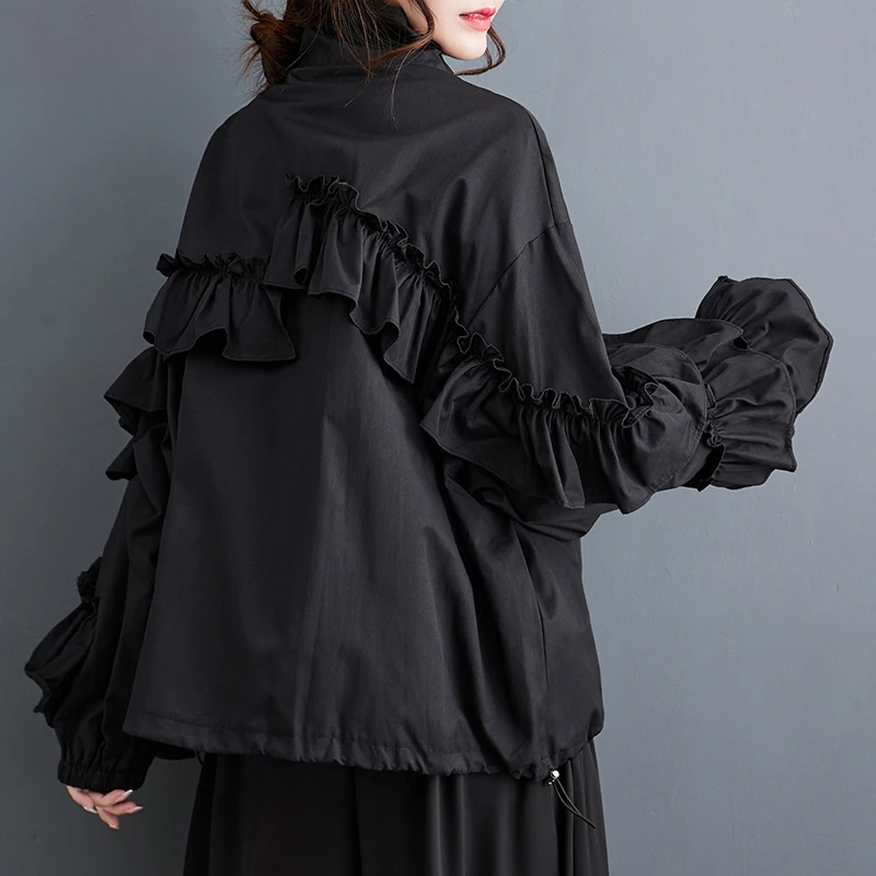 Black Solid Color Ruched Oversize Jacket Women's Casual Loose All Match Fashion Stand Collar Vintage Coat Spring Autumn 2026