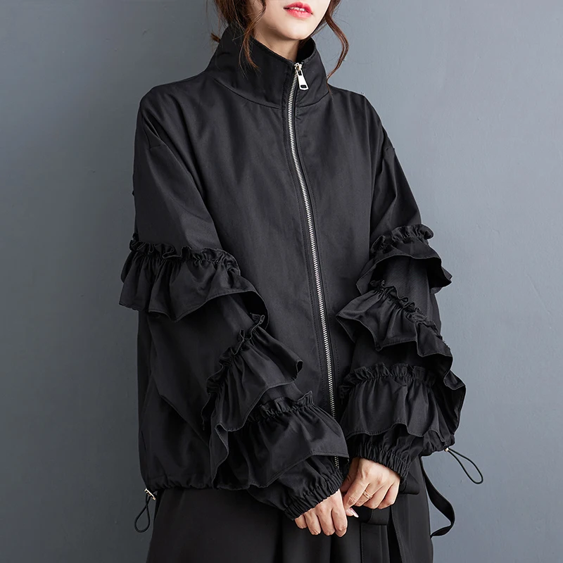 Black Solid Color Ruched Oversize Jacket Women's Casual Loose All Match Fashion Stand Collar Vintage Coat Spring Autumn 2026