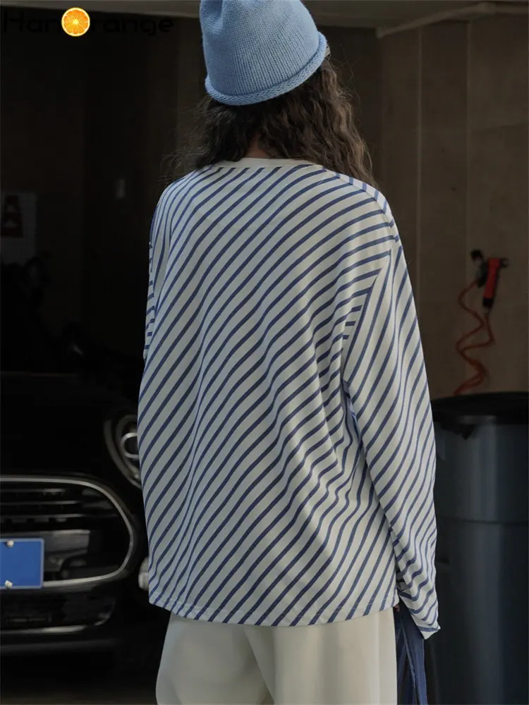 HanOrange 2026 Spring Summer Slouchy Simple Retro Diagonal Stripe T-shirt Women O-Neck Loose Casual Top Tees Female