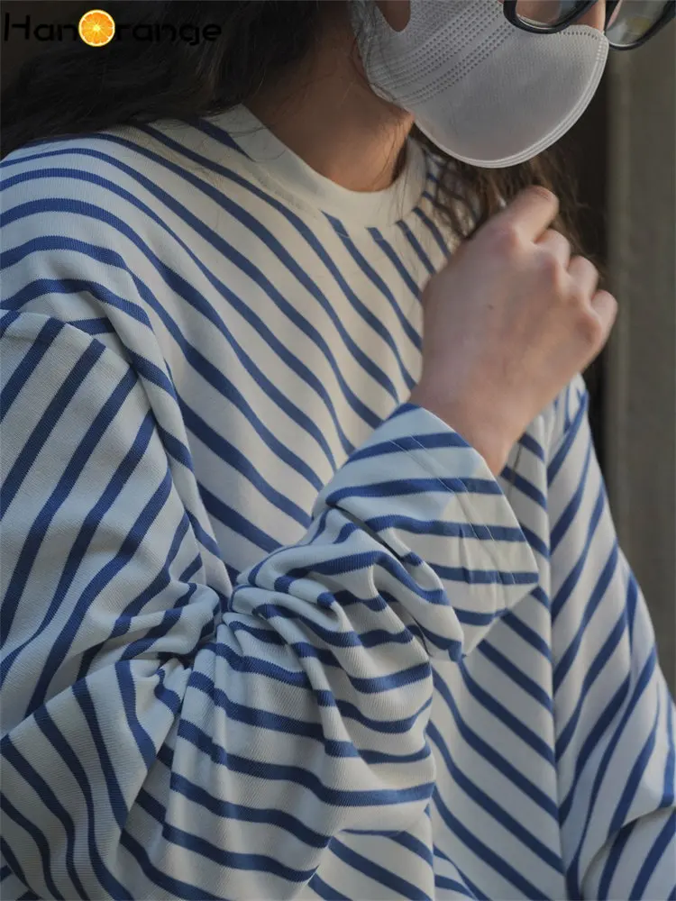 HanOrange 2026 Spring Summer Slouchy Simple Retro Diagonal Stripe T-shirt Women O-Neck Loose Casual Top Tees Female