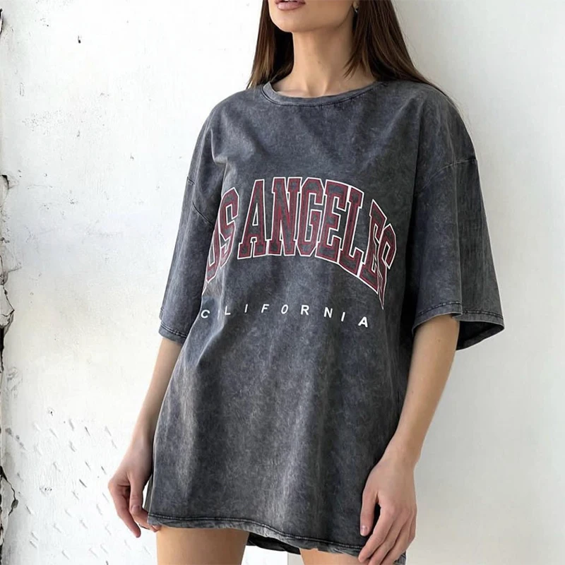 Hirsionsan Y2k Quality Oversized Acid Washed T Shirt Women Vintage Print T-shirts Streetwear Wash Tee Girl Luxury Brand Tops
