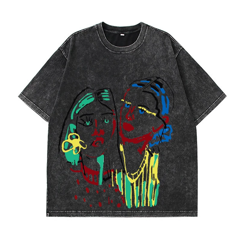 Hirsionsan Y2k Quality Oversized Acid Washed T Shirt Women Vintage Print T-shirts Streetwear Wash Tee Girl Luxury Brand Tops