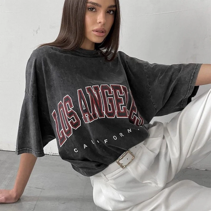Hirsionsan Y2k Quality Oversized Acid Washed T Shirt Women Vintage Print T-shirts Streetwear Wash Tee Girl Luxury Brand Tops