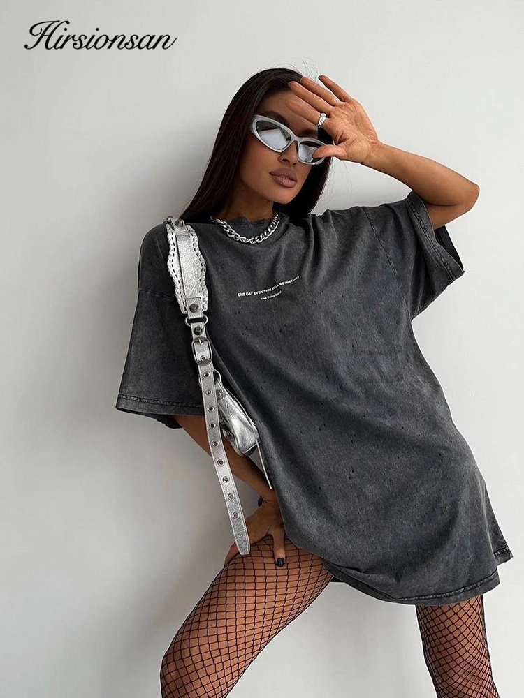 Hirsionsan Y2k Quality Oversized Acid Washed T Shirt Women Vintage Print T-shirts Streetwear Wash Tee Girl Luxury Brand Tops