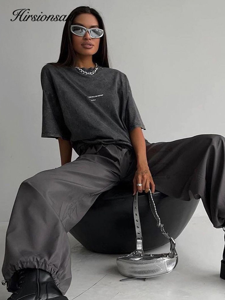 Hirsionsan Y2k Quality Oversized Acid Washed T Shirt Women Vintage Print T-shirts Streetwear Wash Tee Girl Luxury Brand Tops