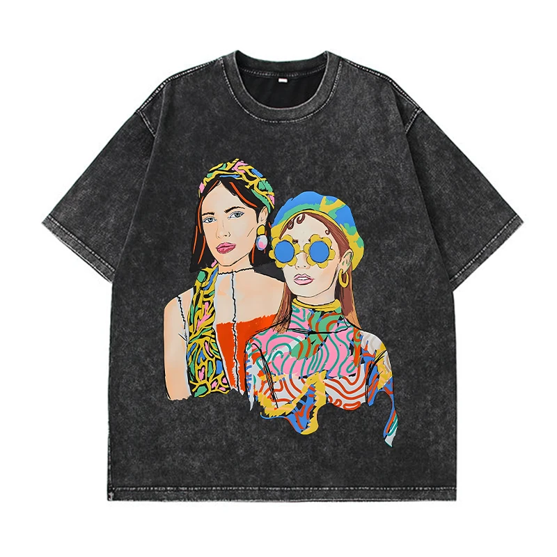Hirsionsan Y2k Quality Oversized Acid Washed T Shirt Women Vintage Print T-shirts Streetwear Wash Tee Girl Luxury Brand Tops