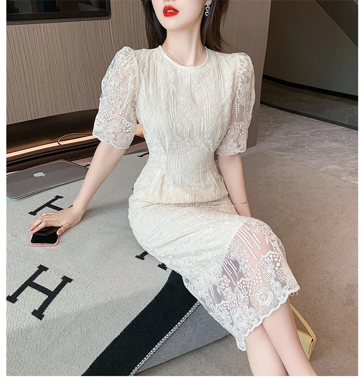 Summer White Lace Hook Flower Hollow Midi Dress Women Fashion Chic Luxury Party Evening Dress 2026 Korean Vintage Festival Dress