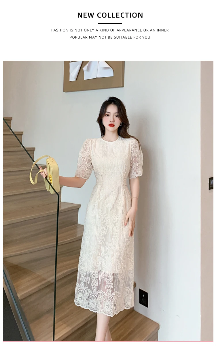 Summer White Lace Hook Flower Hollow Midi Dress Women Fashion Chic Luxury Party Evening Dress 2026 Korean Vintage Festival Dress