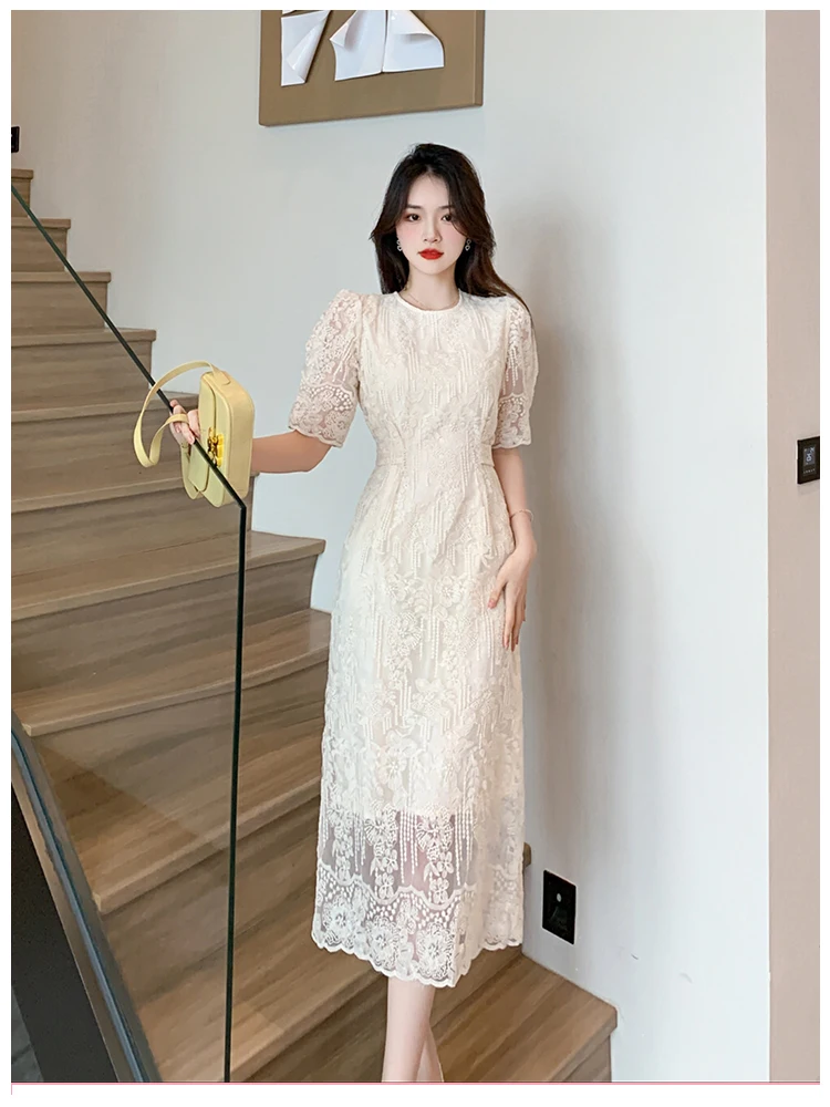 Summer White Lace Hook Flower Hollow Midi Dress Women Fashion Chic Luxury Party Evening Dress 2026 Korean Vintage Festival Dress