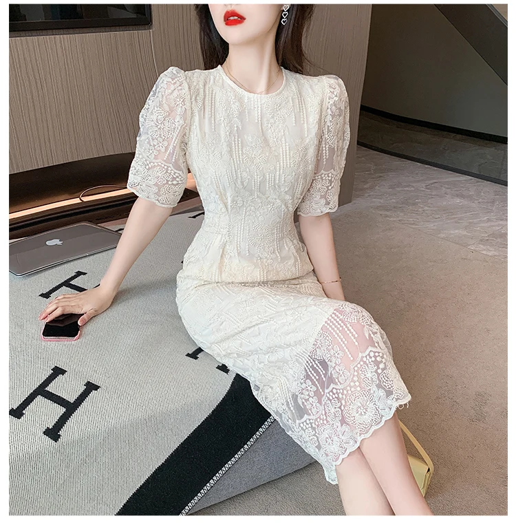 Summer White Lace Hook Flower Hollow Midi Dress Women Fashion Chic Luxury Party Evening Dress 2026 Korean Vintage Festival Dress