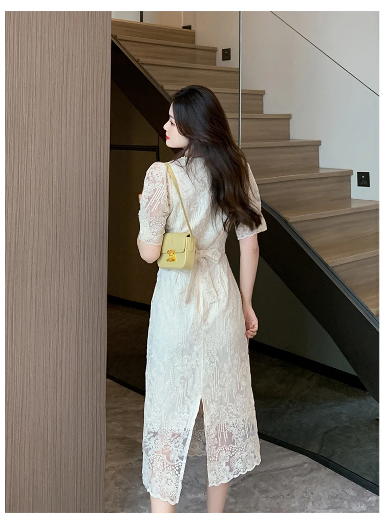 Summer White Lace Hook Flower Hollow Midi Dress Women Fashion Chic Luxury Party Evening Dress 2026 Korean Vintage Festival Dress