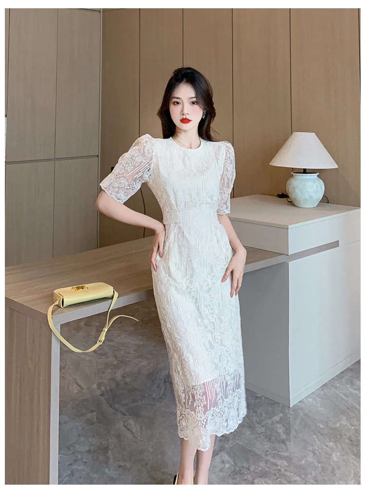 Summer White Lace Hook Flower Hollow Midi Dress Women Fashion Chic Luxury Party Evening Dress 2026 Korean Vintage Festival Dress